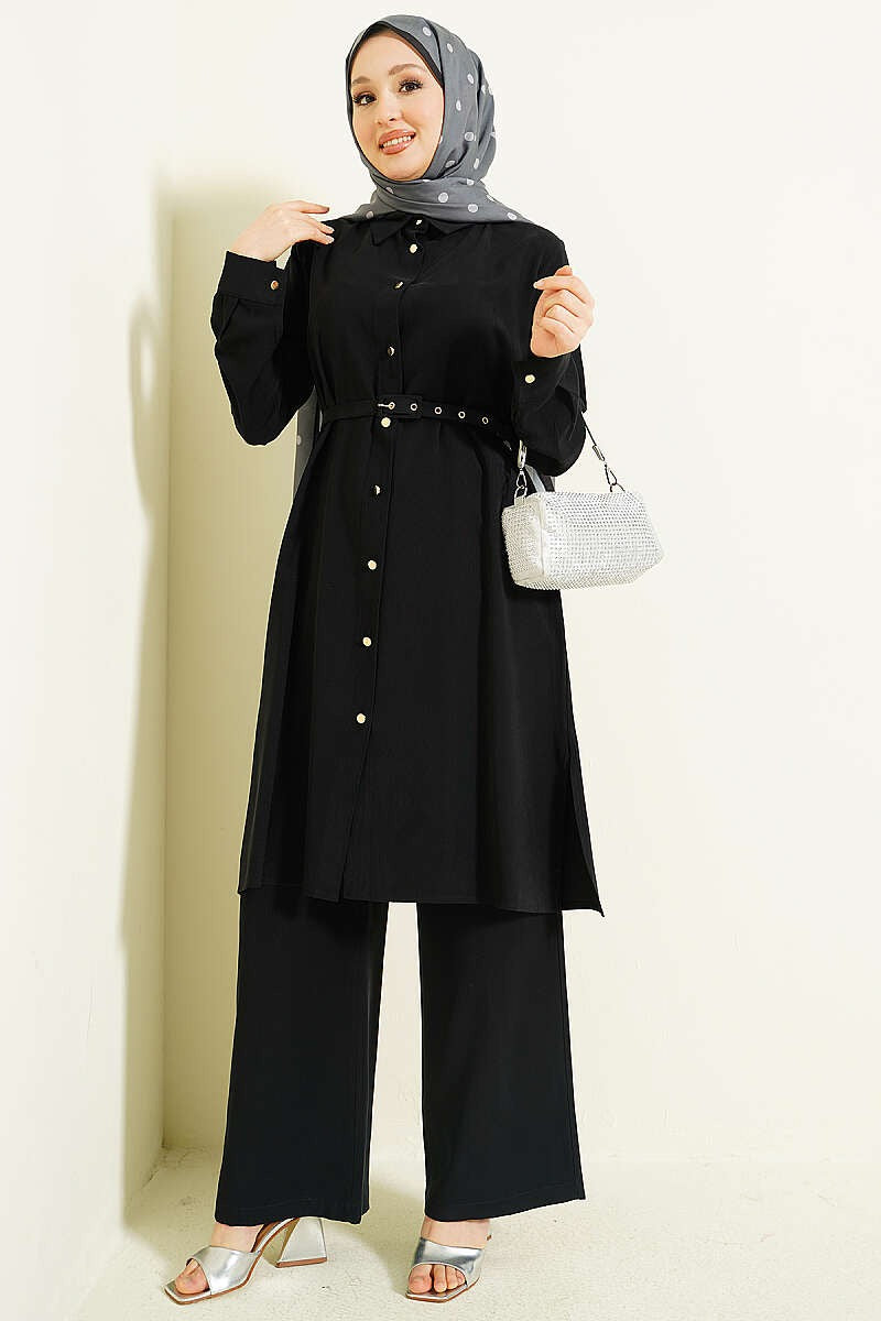 Black Premium Quality Buttoned Belted Long Tunic Two-Piece Set