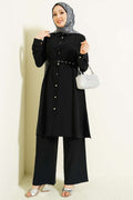 Black Premium Quality Buttoned Belted Long Tunic Two-Piece Set