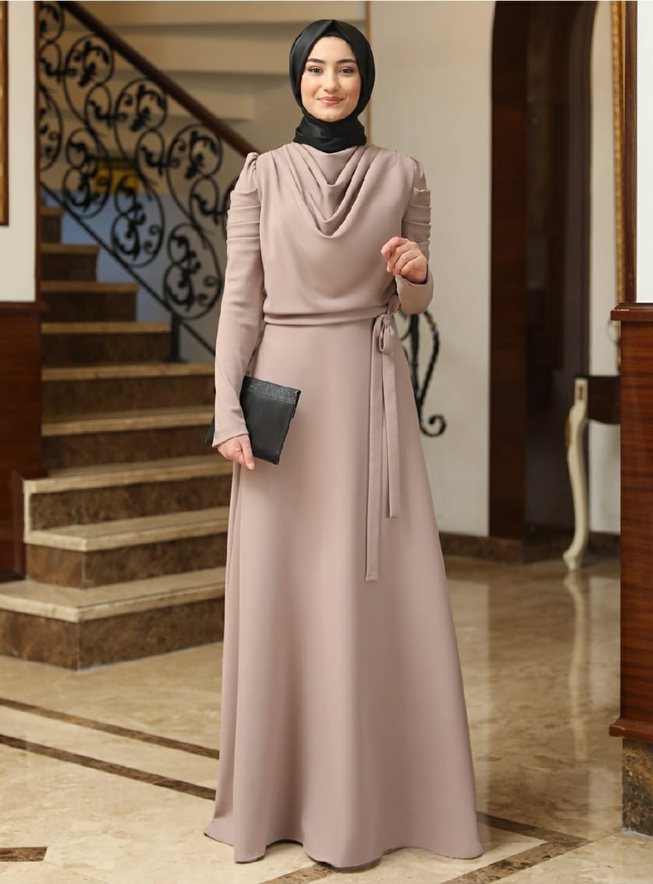 Beige Draped Detail Dress with Belt