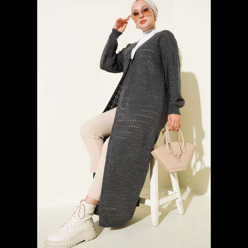 Dark Gray Long Knitted Cardigan with Lace Detail