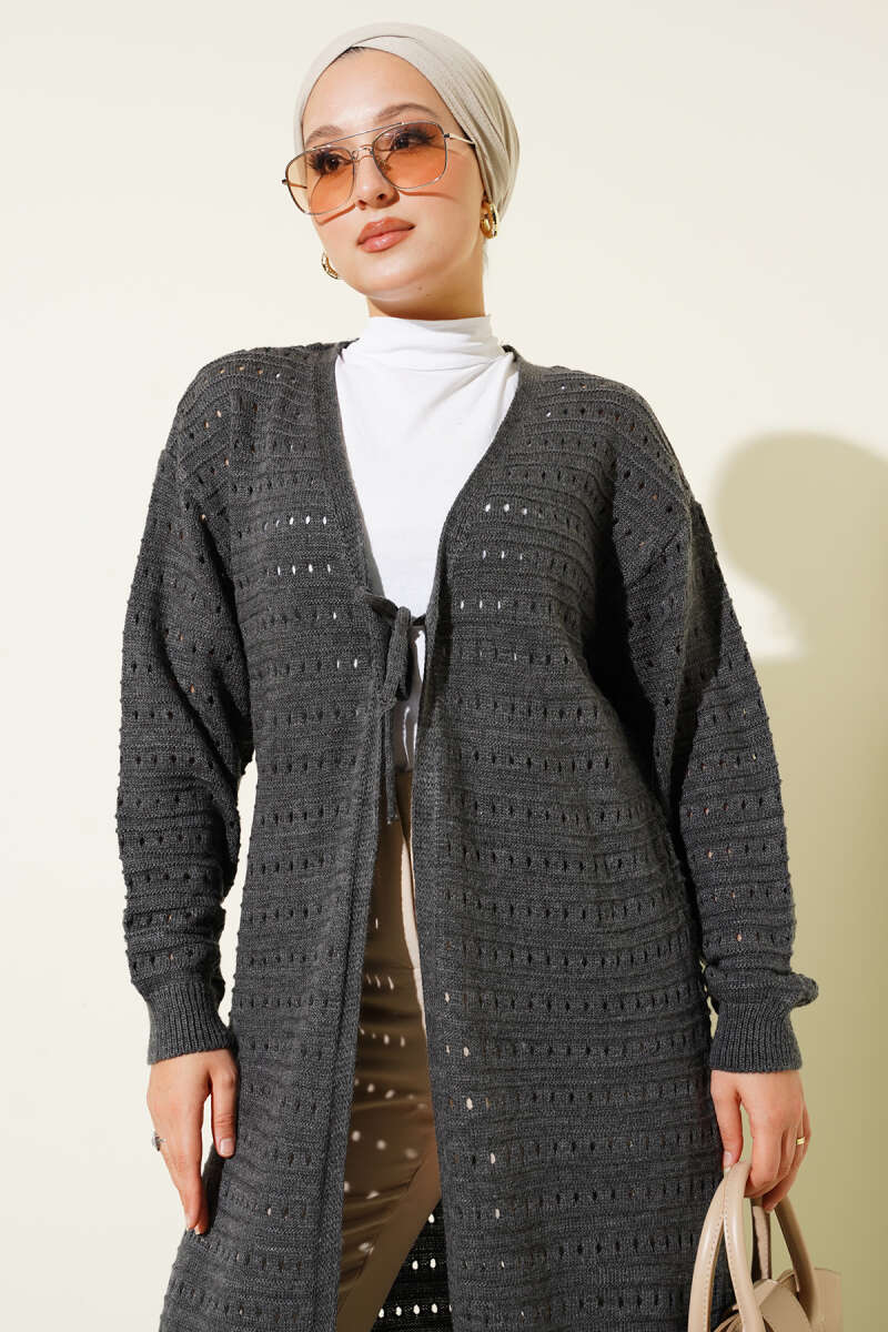 Dark Gray Long Knitted Cardigan with Lace Detail