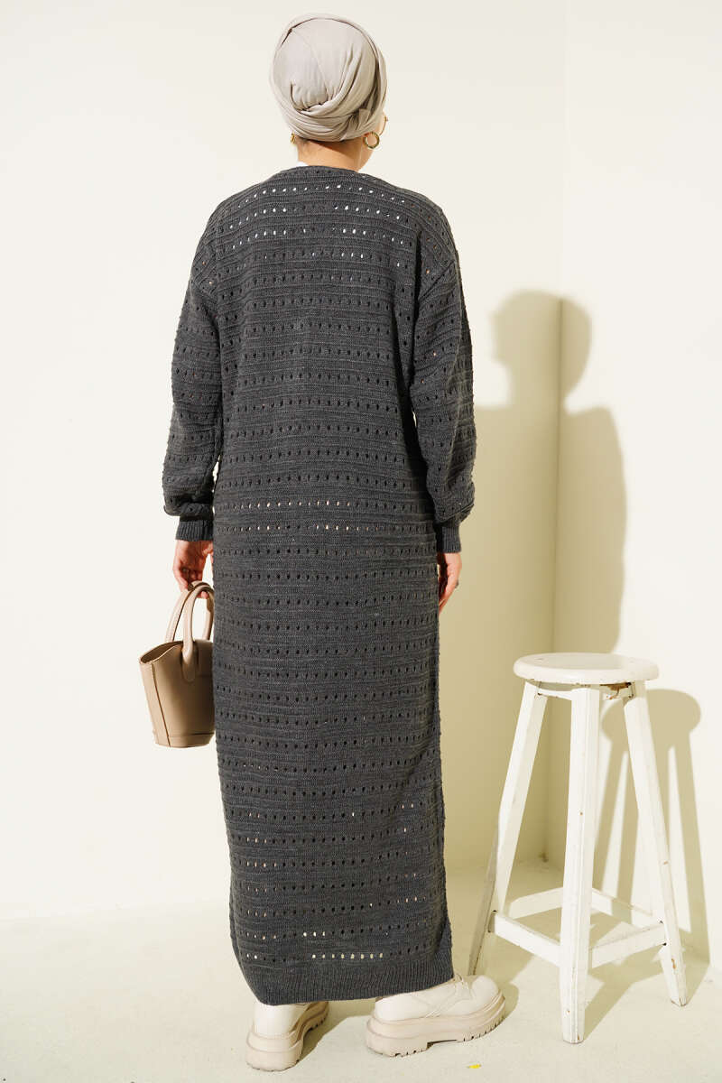 Dark Gray Long Knitted Cardigan with Lace Detail
