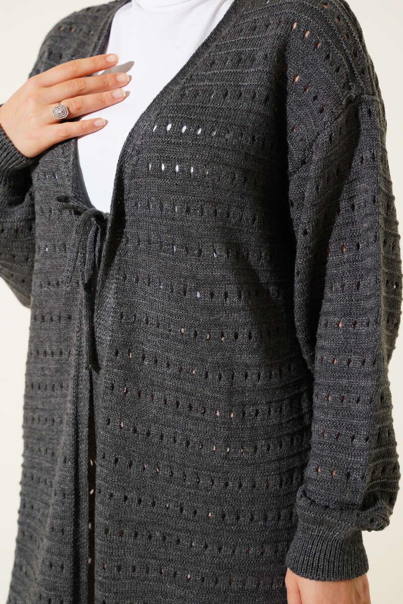 Dark Gray Long Knitted Cardigan with Lace Detail