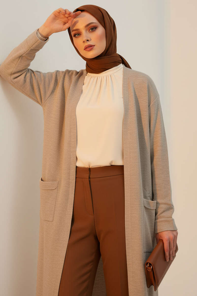 Beige Basic Double Pocket Long Knit Cardigan