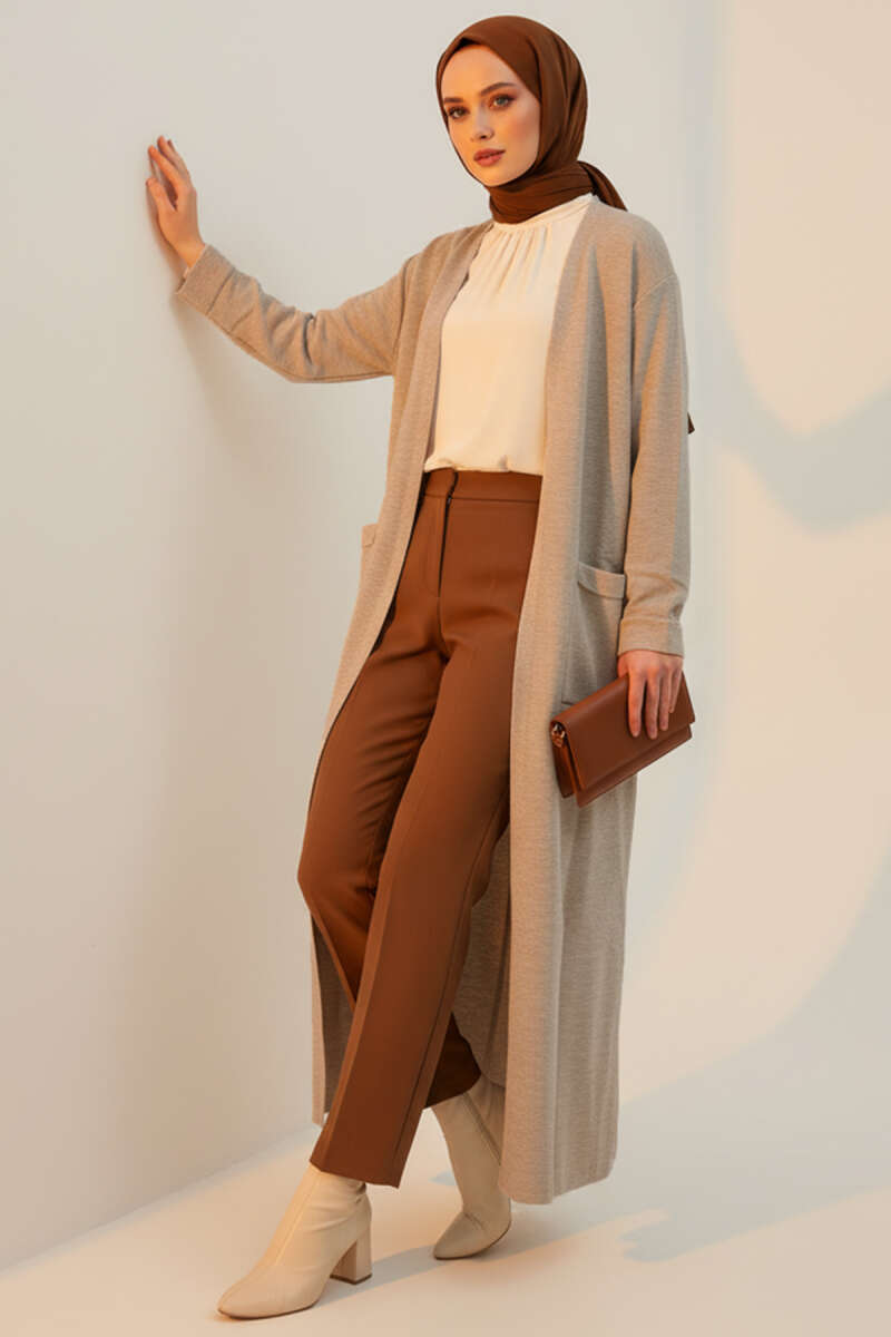 Beige Basic Double Pocket Long Knit Cardigan