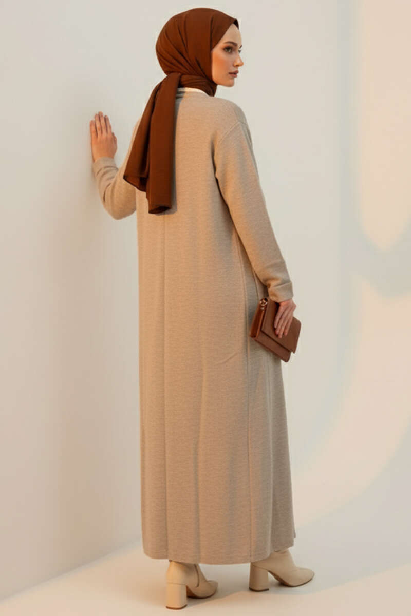 Beige Basic Double Pocket Long Knit Cardigan