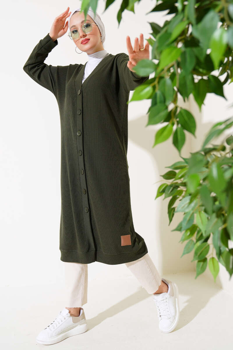 Buttoned Ribbed Long Cardigan