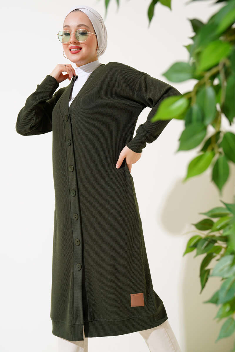 Buttoned Ribbed Long Cardigan
