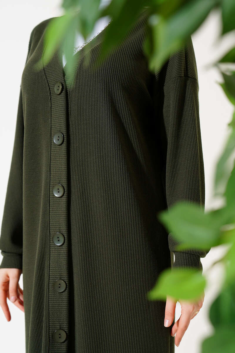 Buttoned Ribbed Long Cardigan