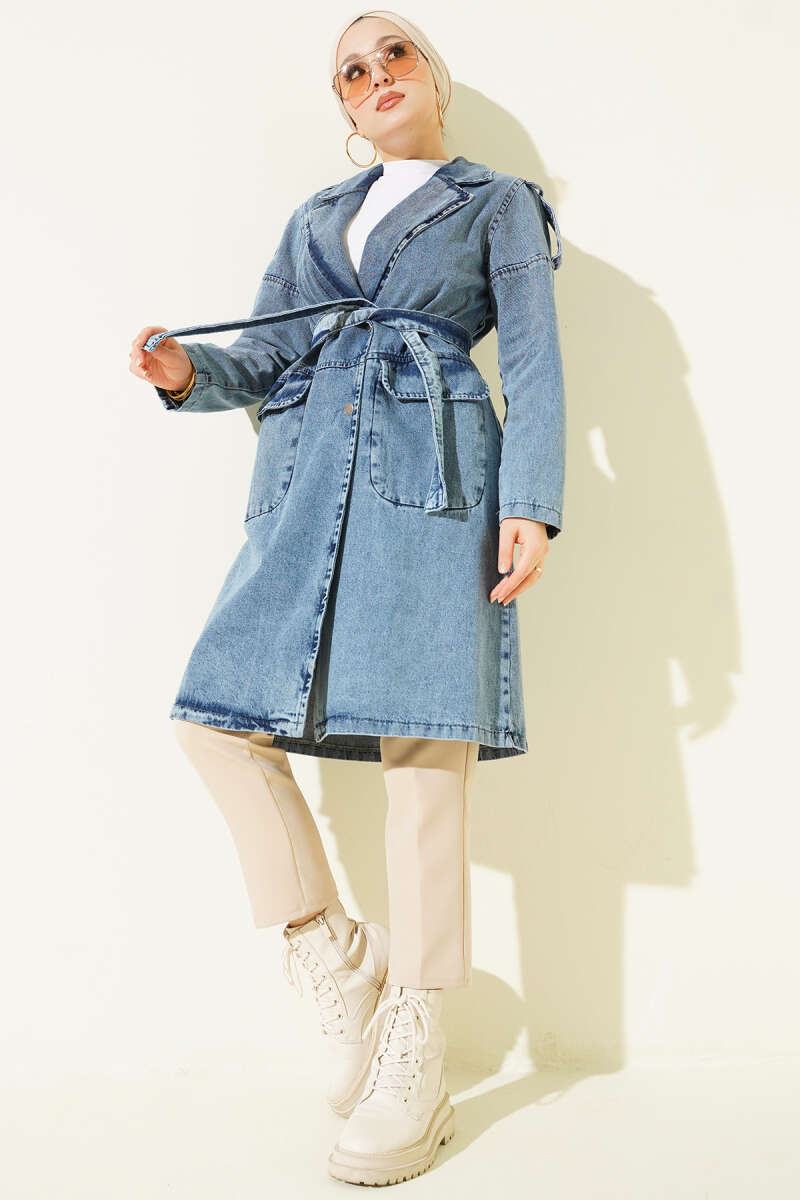 Light Blue Double Pocket Belted Denim Trench Coat