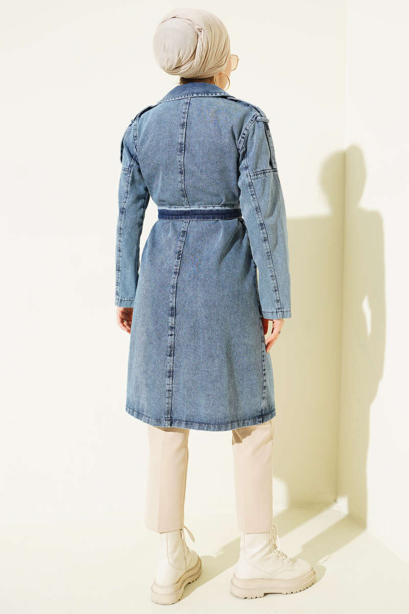 Light Blue Double Pocket Belted Denim Trench Coat