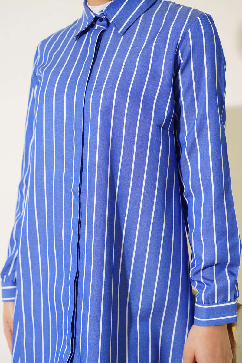 Dark Blue Long Striped Hidden Button Shirt