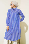 Dark Blue Long Striped Hidden Button Shirt