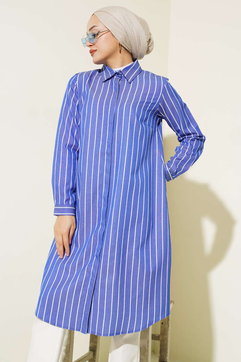 Dark Blue Long Striped Hidden Button Shirt