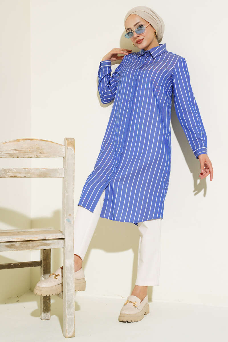 Dark Blue Long Striped Hidden Button Shirt