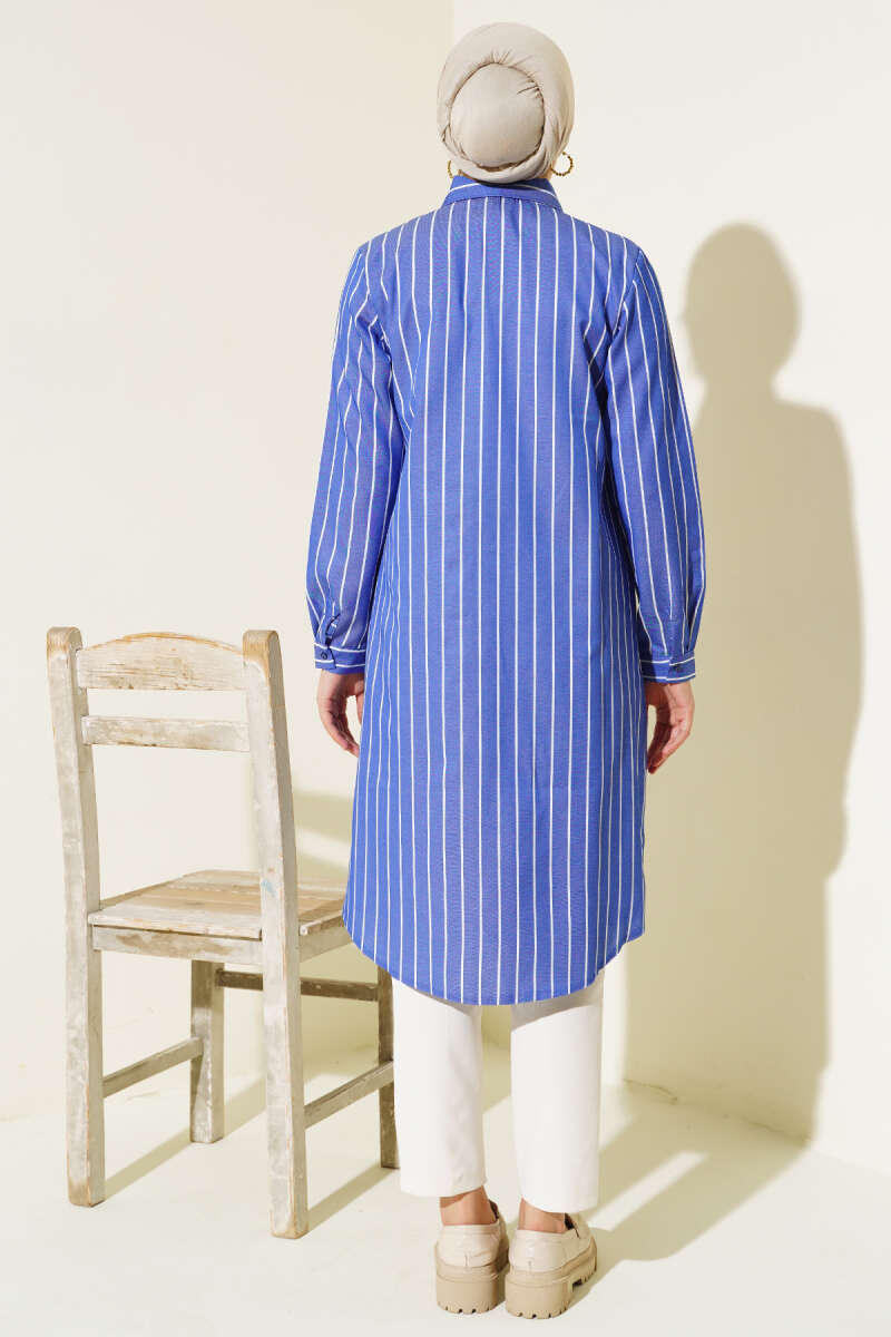 Dark Blue Long Striped Hidden Button Shirt