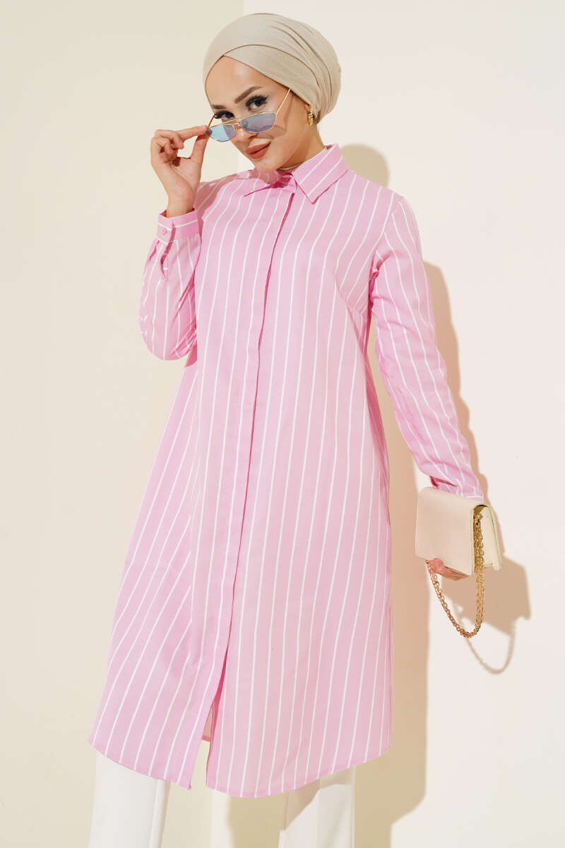 Pink Long Striped Hidden Button Shirt