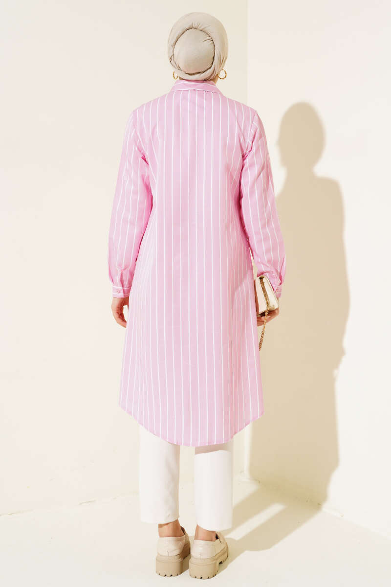 Pink Long Striped Hidden Button Shirt