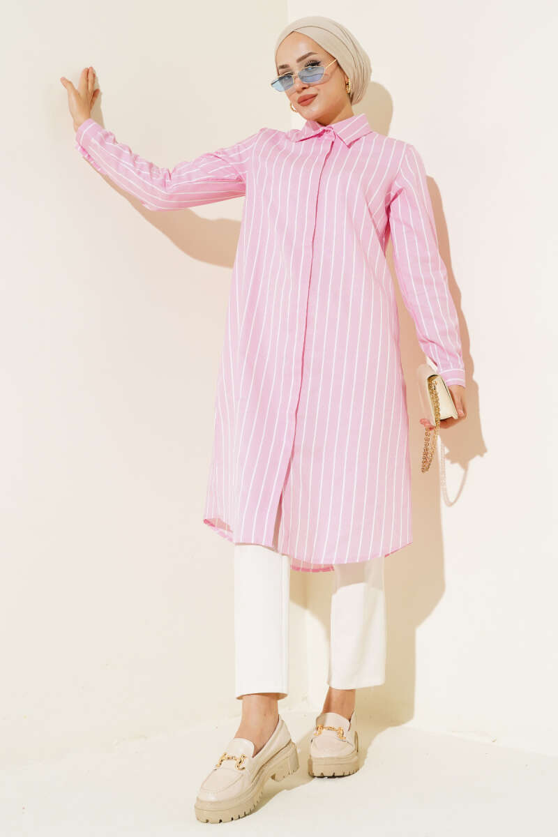 Pink Long Striped Hidden Button Shirt