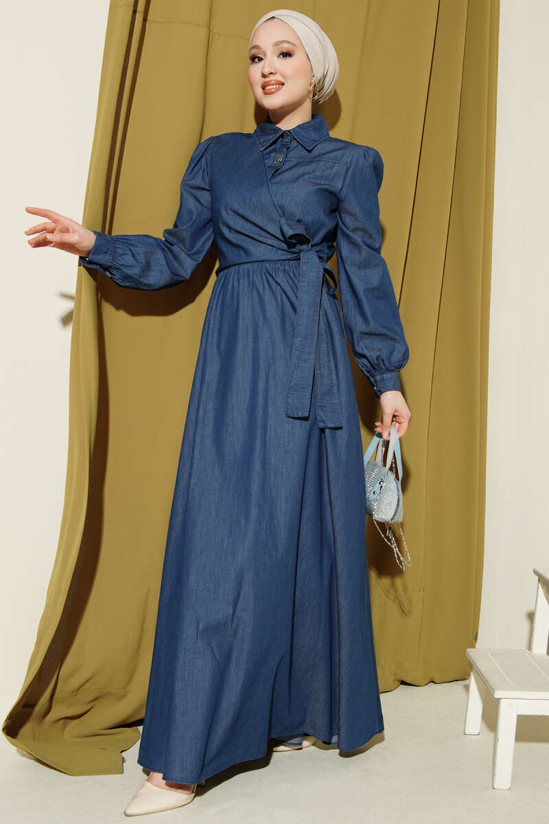 Dark Blue Denim-Look Dress with Tie Detail