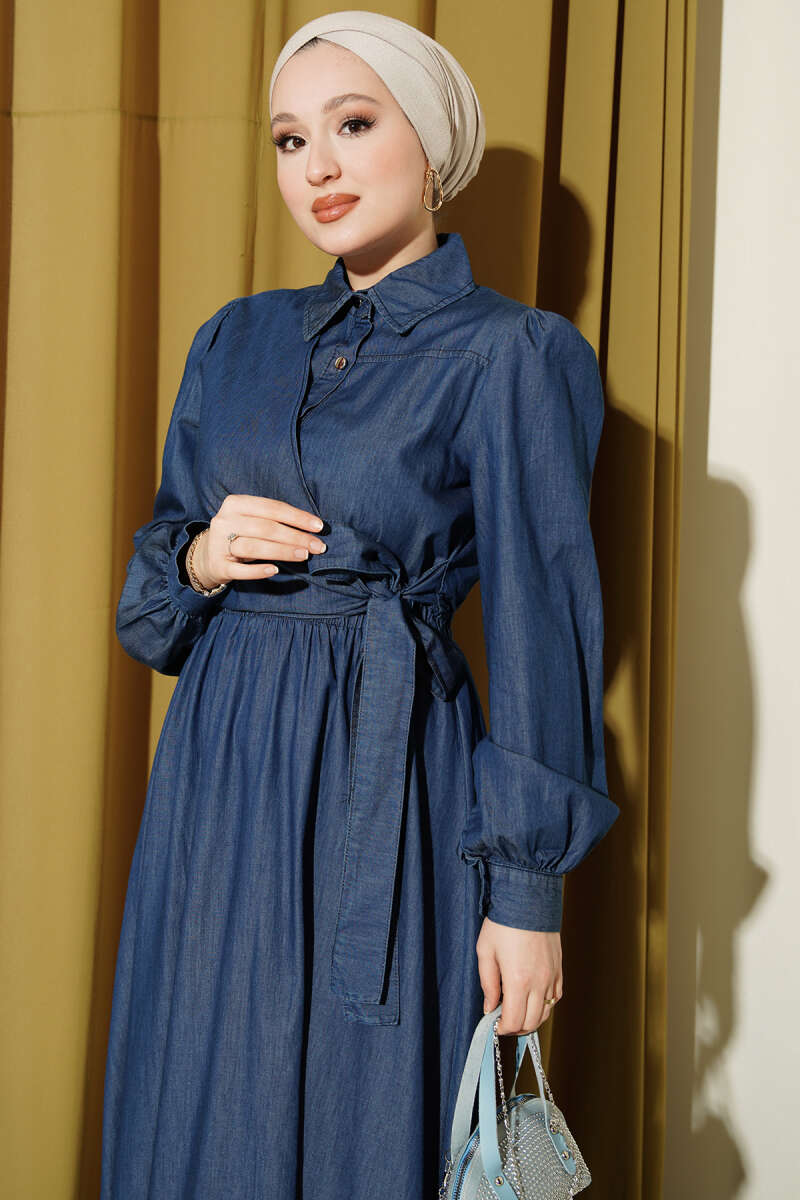 Dark Blue Denim-Look Dress with Tie Detail