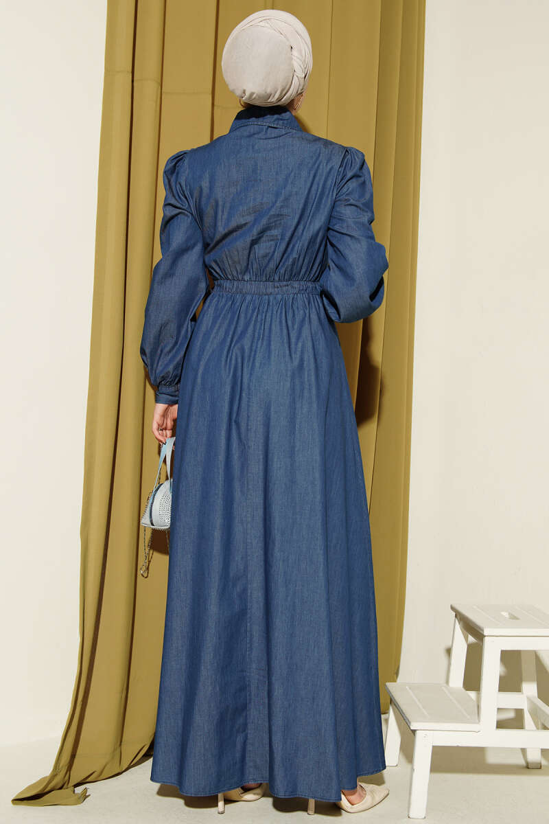 Dark Blue Denim-Look Dress with Tie Detail