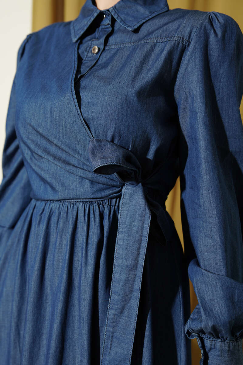 Dark Blue Denim-Look Dress with Tie Detail