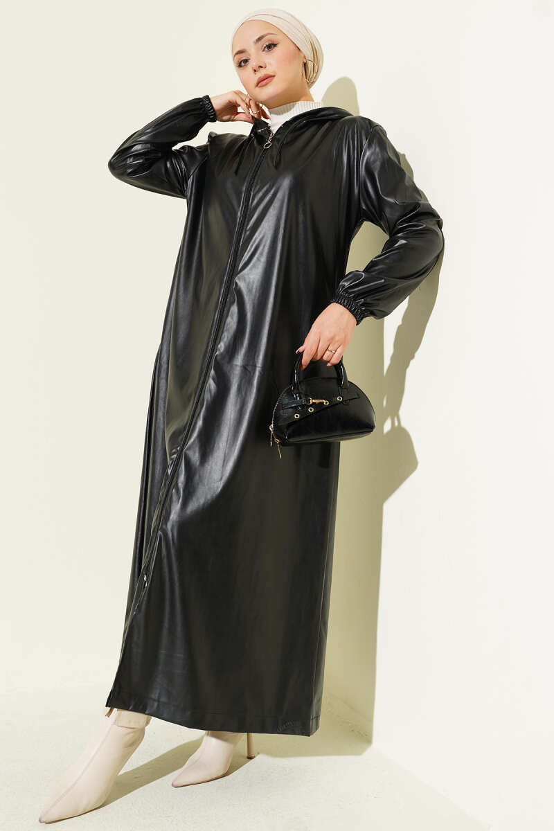 Black Leather Trench Coat with Elastic Sleeves