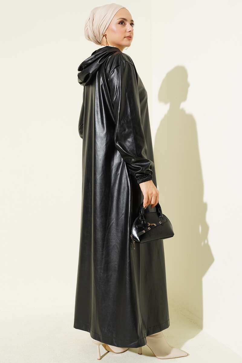 Black Leather Trench Coat with Elastic Sleeves