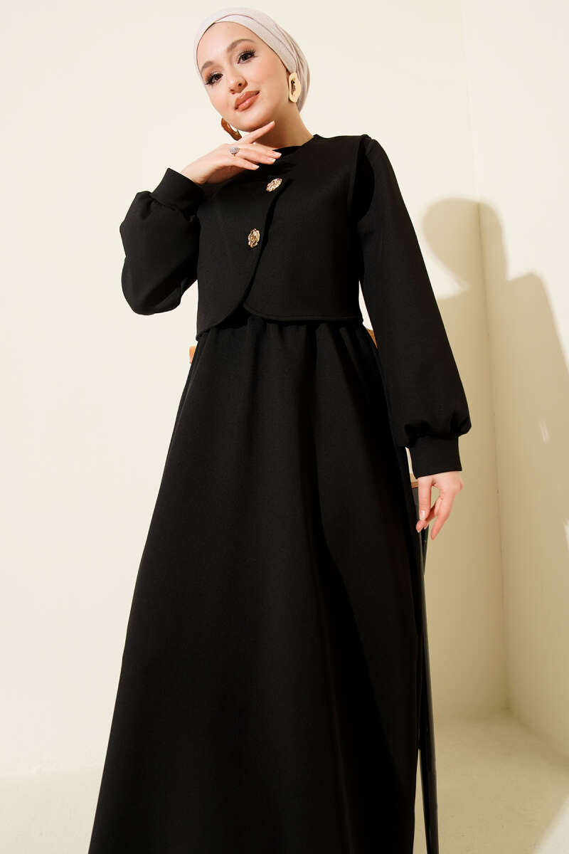 Black Vest Dress Set with Gold Buttons