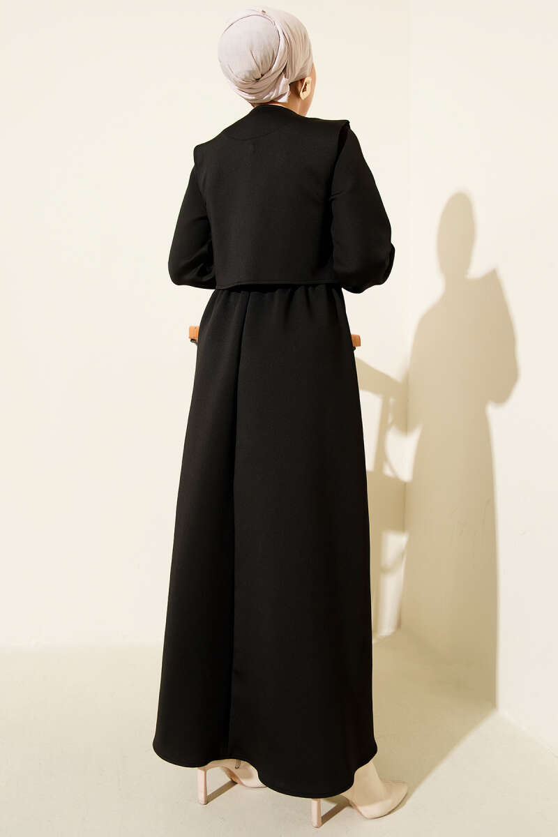 Black Vest Dress Set with Gold Buttons