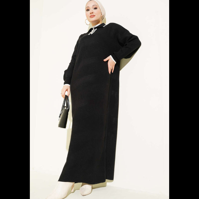 Black and White Shirt Collar Buttoned Knit Dress