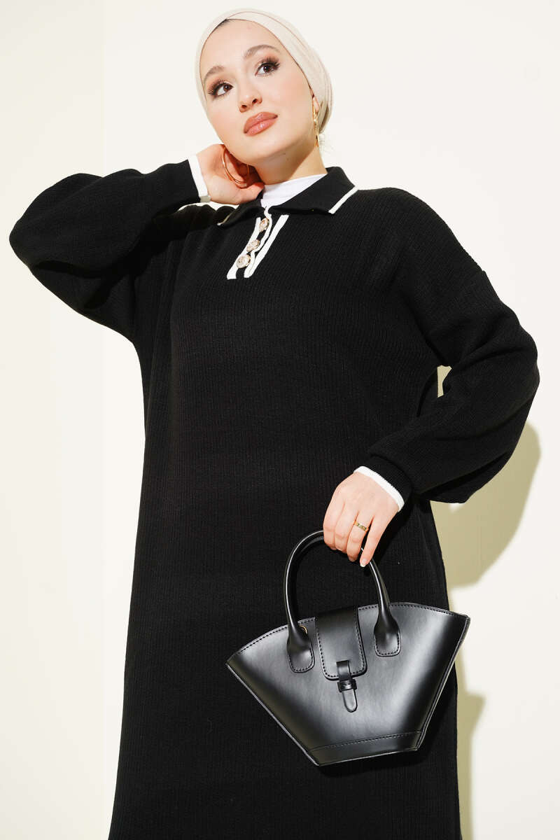 Black and White Shirt Collar Buttoned Knit Dress