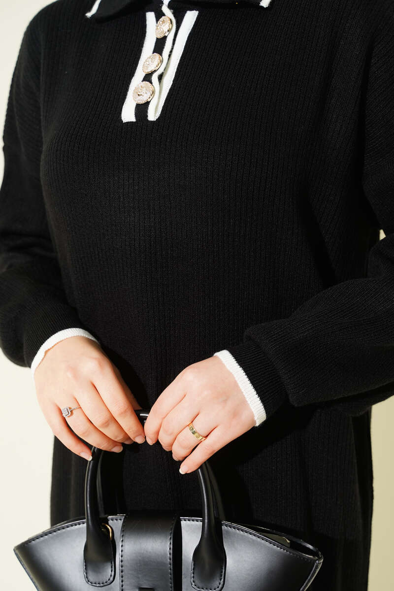 Black and White Shirt Collar Buttoned Knit Dress