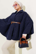 Navy Blue Shirt Collar Belted Poncho