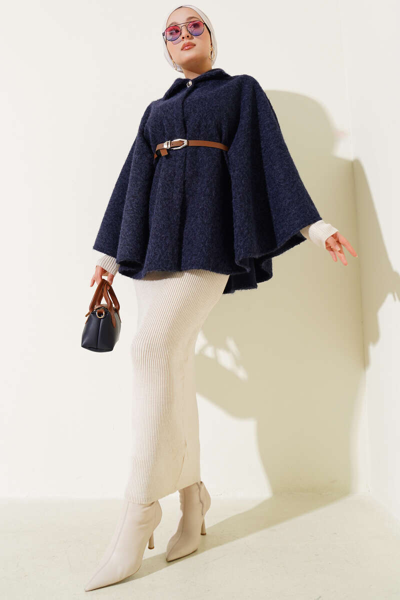 Navy Blue Shirt Collar Belted Poncho