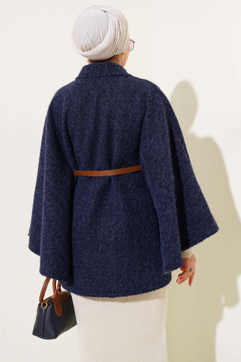 Navy Blue Shirt Collar Belted Poncho