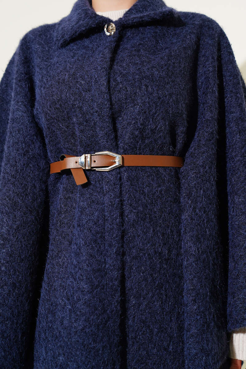 Navy Blue Shirt Collar Belted Poncho