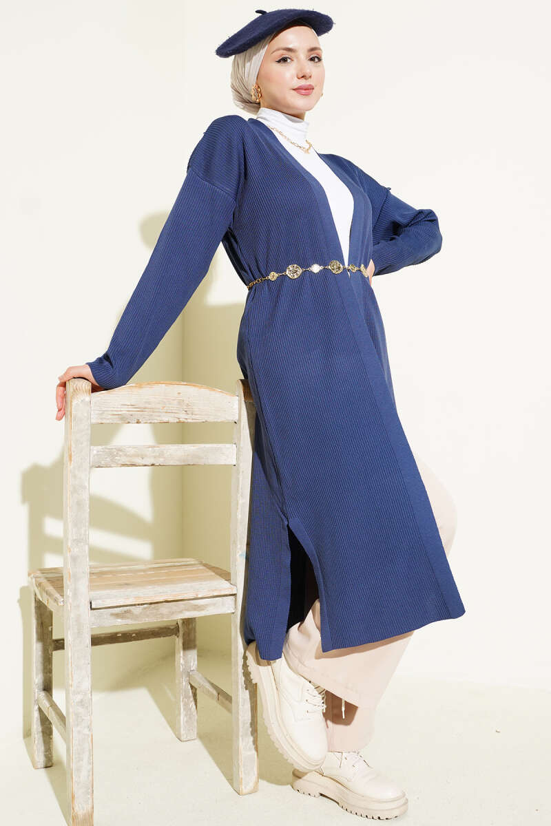 Indigo Fine Ribbed Long Cardigan