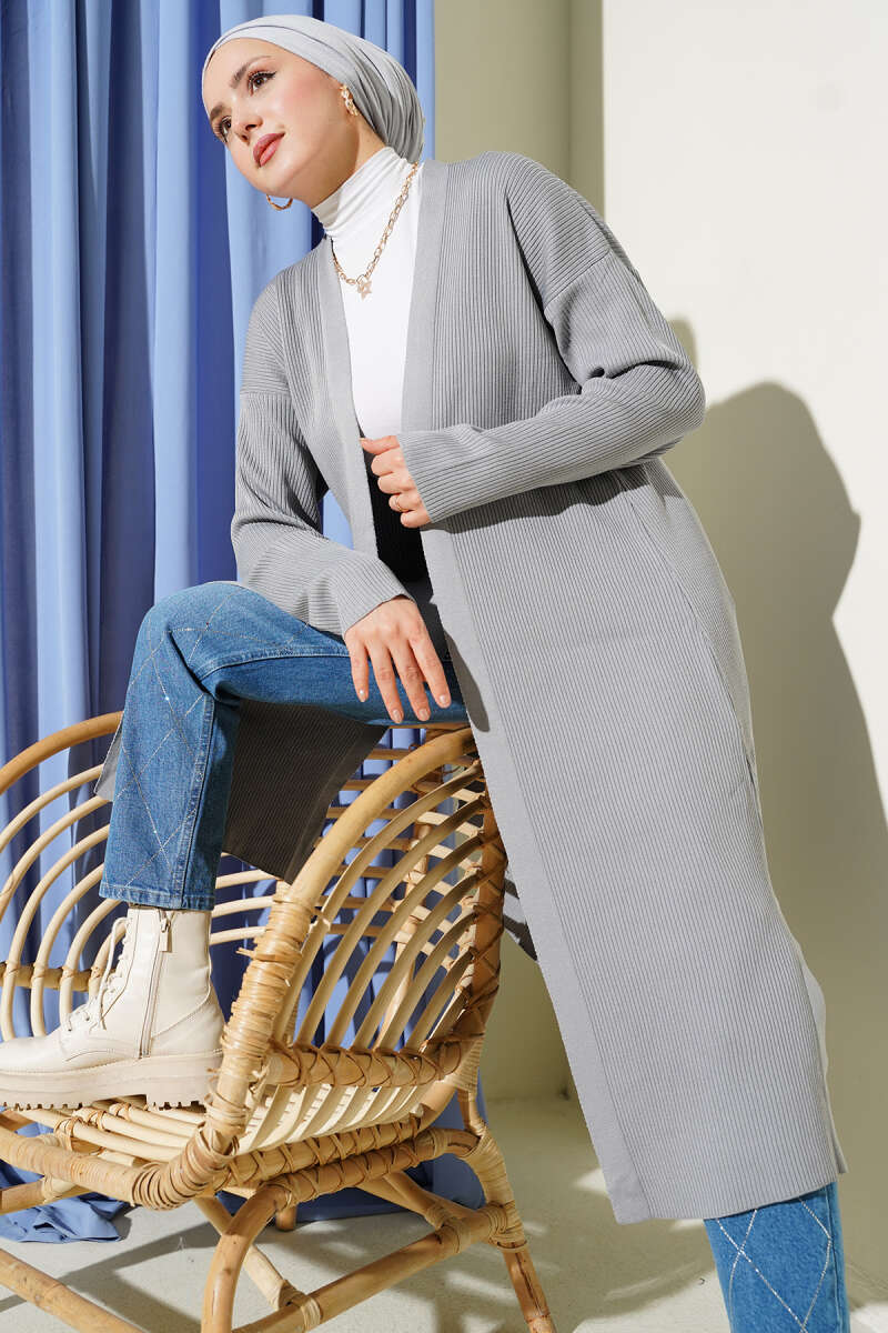 Gray Fine Ribbed Long Cardigan
