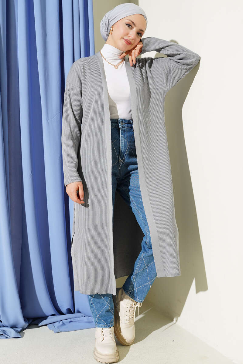 Gray Fine Ribbed Long Cardigan