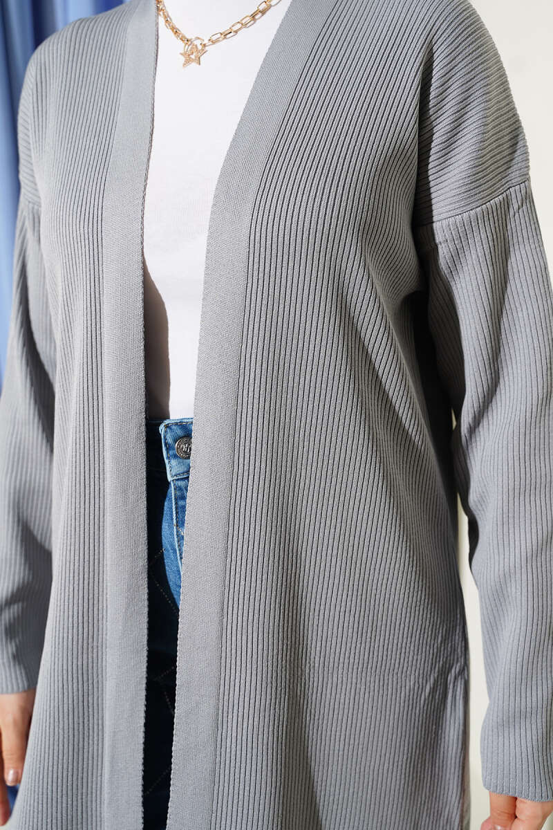 Gray Fine Ribbed Long Cardigan