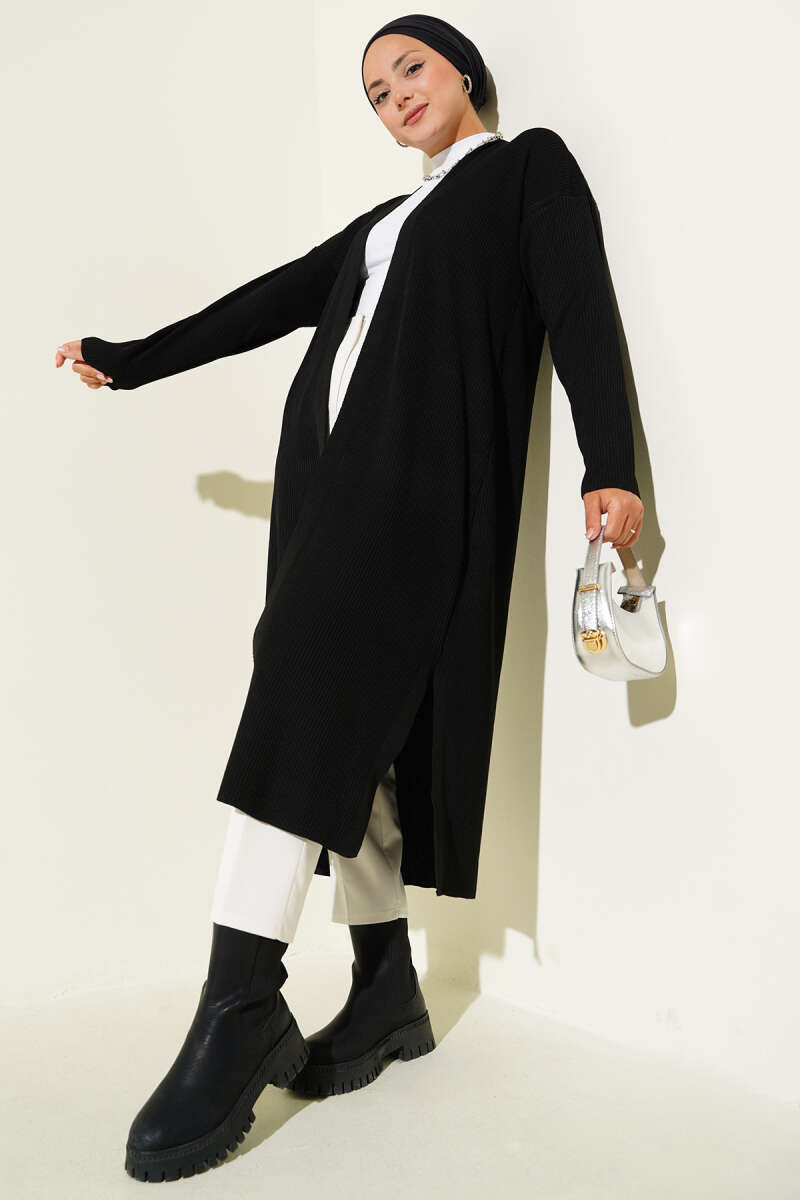 Black Fine Ribbed Long Cardigan