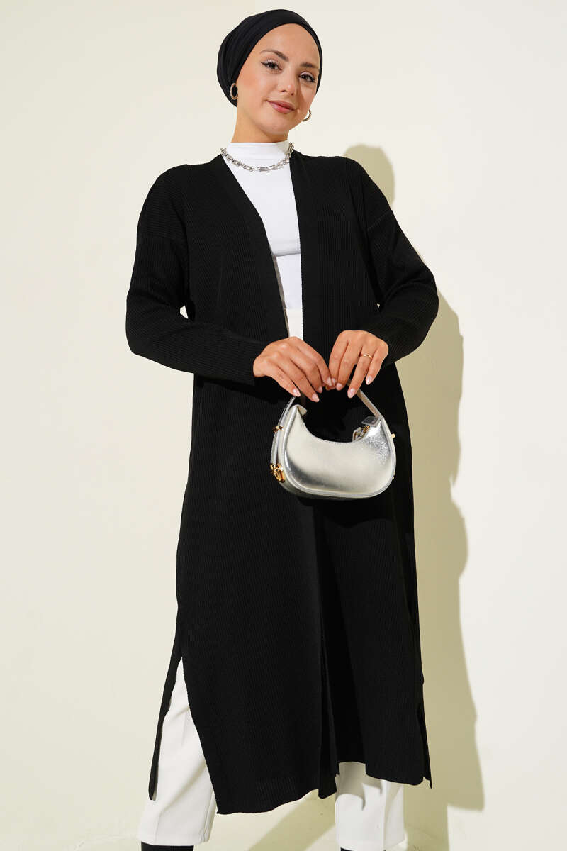 Black Fine Ribbed Long Cardigan