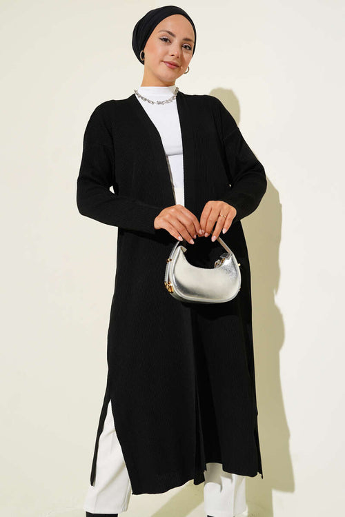 Black Fine Ribbed Long Cardigan