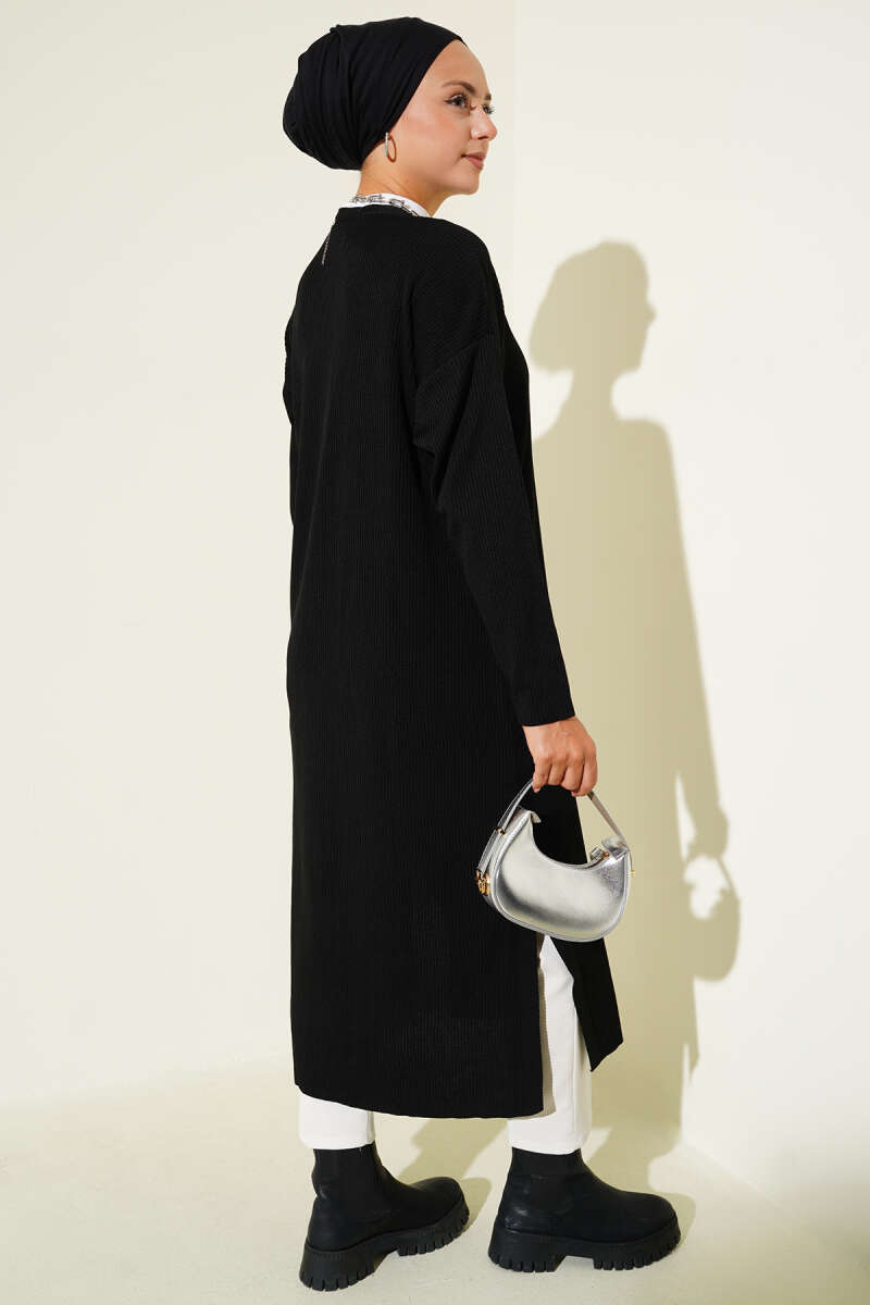 Black Fine Ribbed Long Cardigan