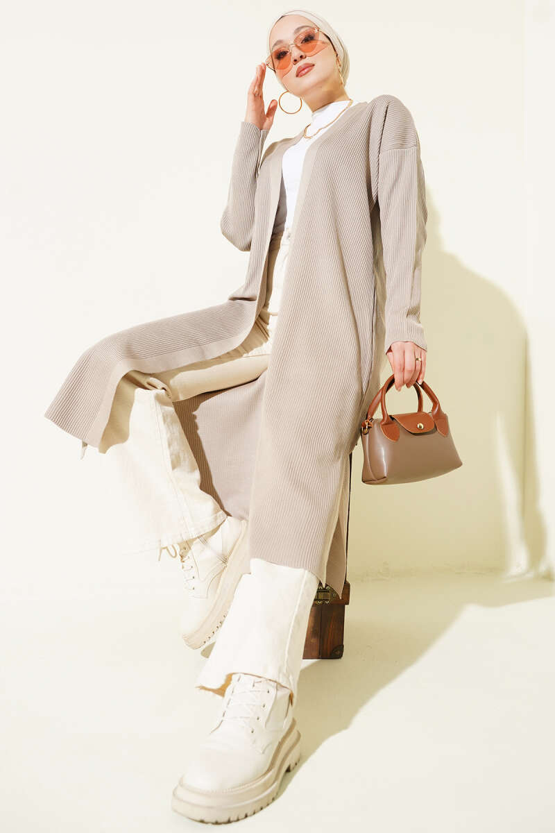 Mink Beige Fine Ribbed Long Cardigan