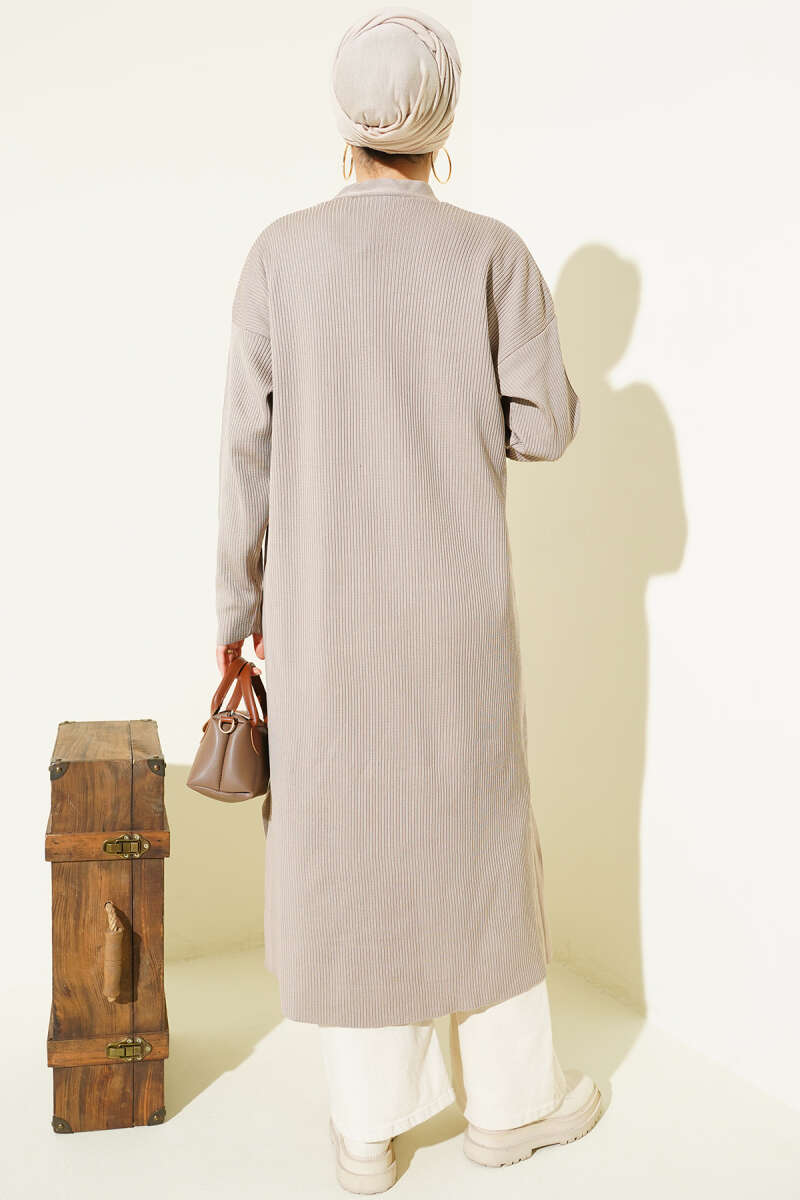Mink Beige Fine Ribbed Long Cardigan