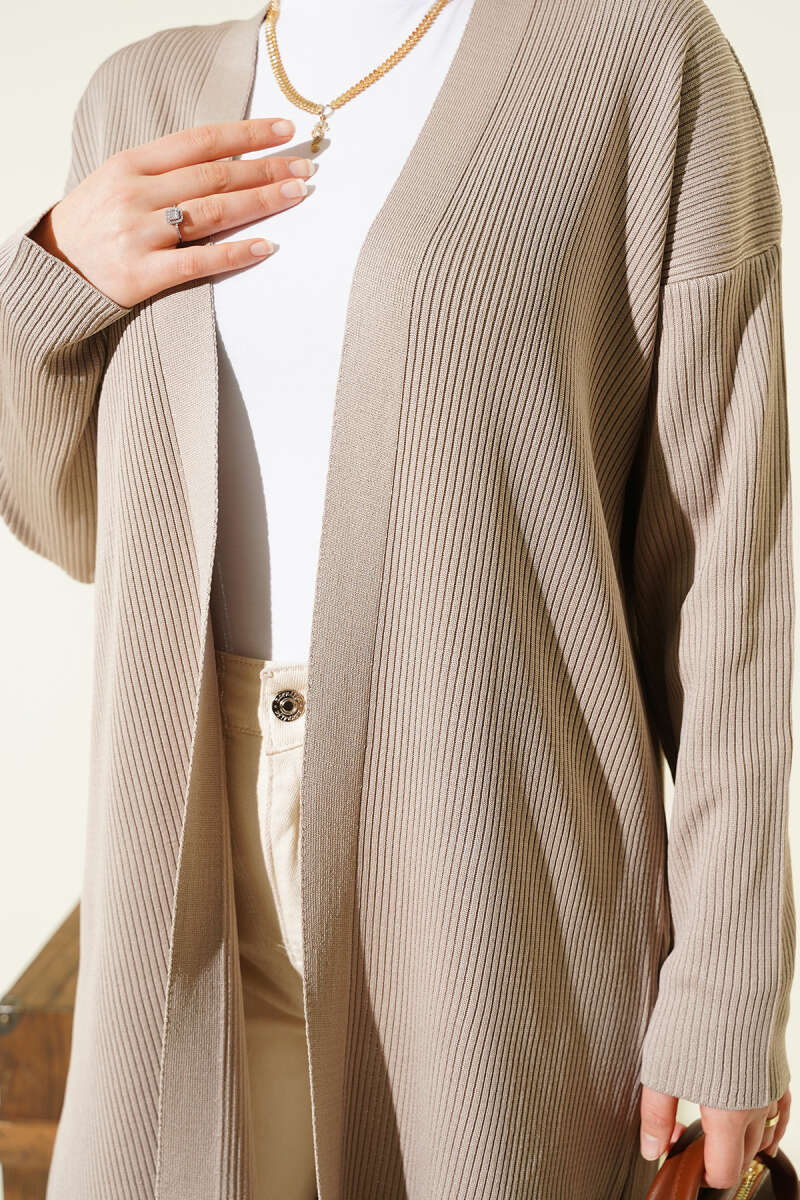 Mink Beige Fine Ribbed Long Cardigan