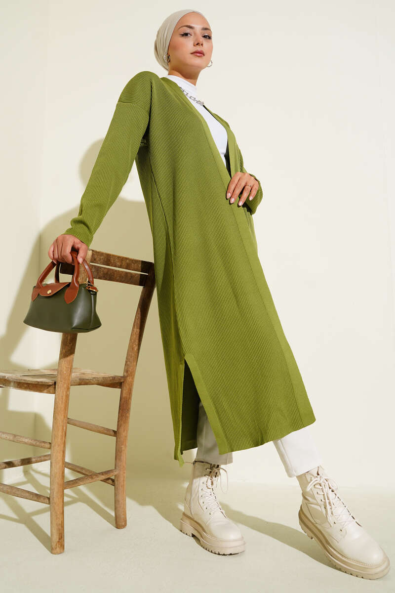 Olive Green Fine Ribbed Long Cardigan